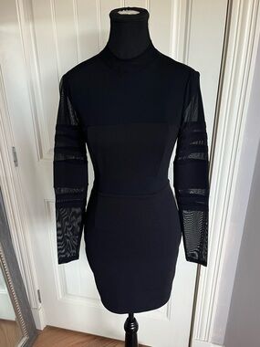 ❤️‍🔥GUESS Black Bodycon Dress Small Mesh Sleeve High Neck Mini Sexy Club🖤
